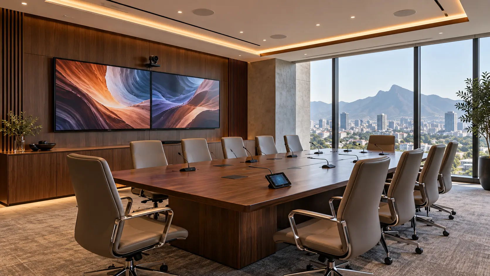 Sala de consejo ilustrativa con microfonía de mesa y dos pantallas
