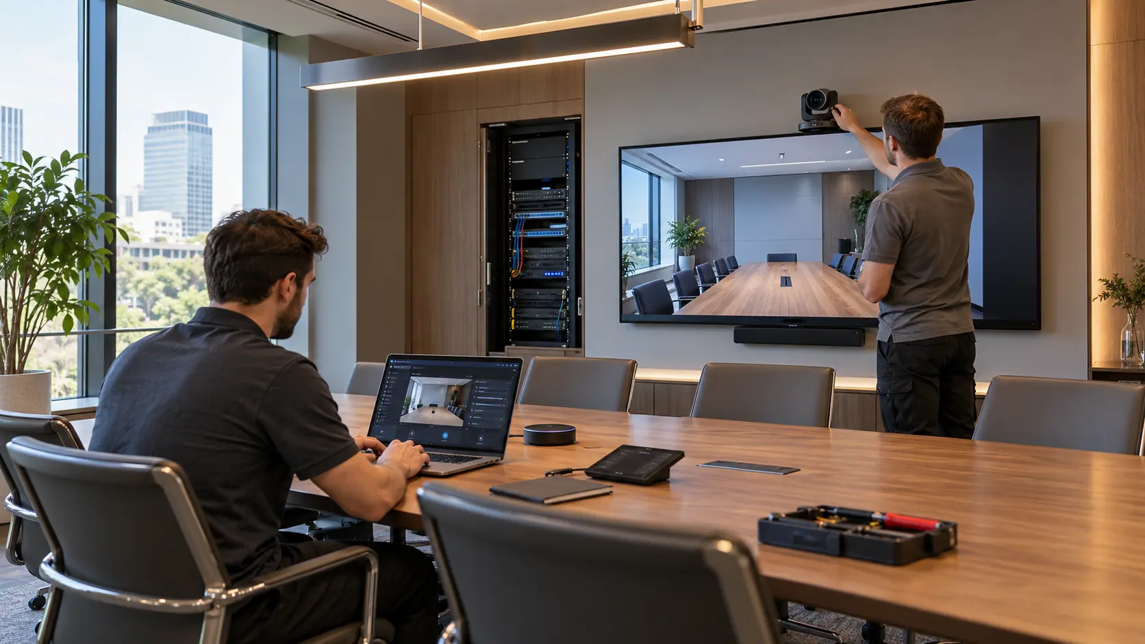 Ejemplo ilustrativo de integración y pruebas de equipos audiovisuales en una sala de juntas