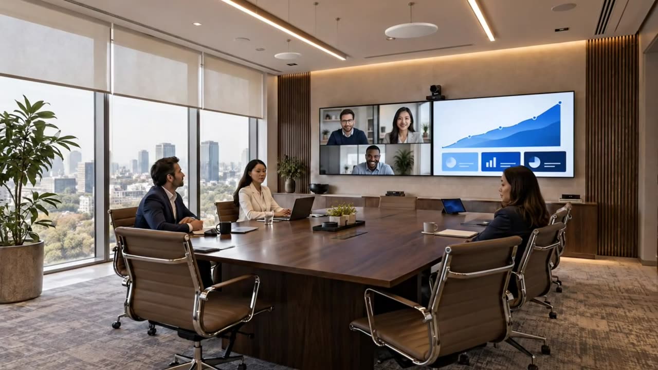 Sala ejecutiva con videoconferencia y presentación en dos pantallas